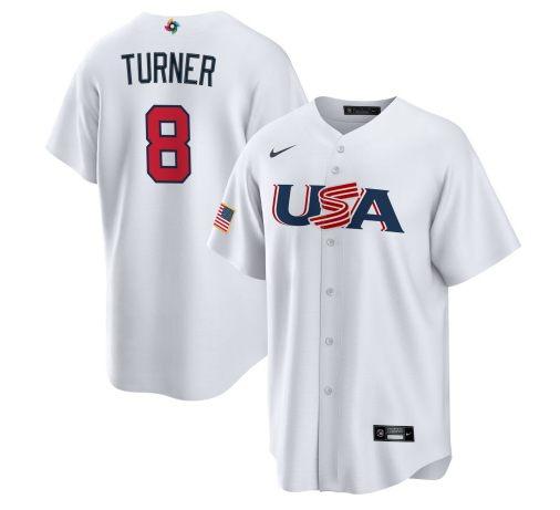 Men's USA Baseball #8 Trea Turner 2023 White World Baseball Classic Stitched Jersey